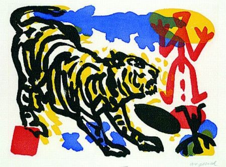Lithograph Penck - Tiger and red figure