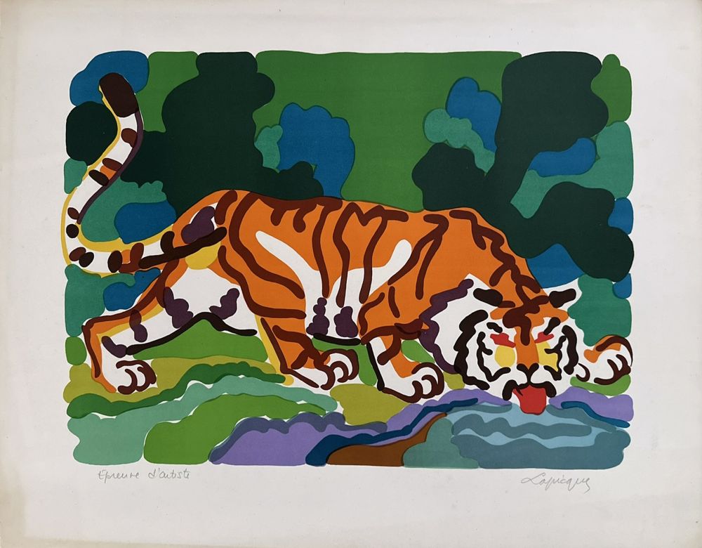 Lithograph Lapicque - Tigre buvant