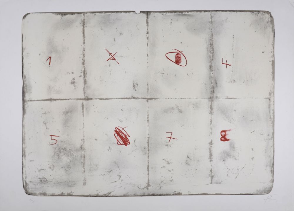 Lithograph Tàpies - Toile pliée et chiffres, 1974 - Hand-signed