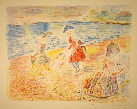 Lithograph Terechkovich - Trois enfants sur une plage / Drei spielende Mädchen am Strand
