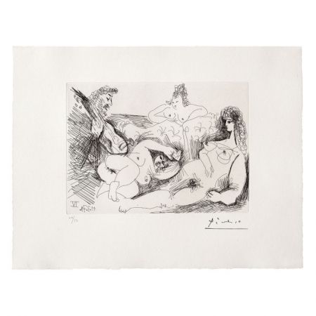 Etching And Aquatint Picasso - Trois Femmes nues écoutant un joueur de guitare