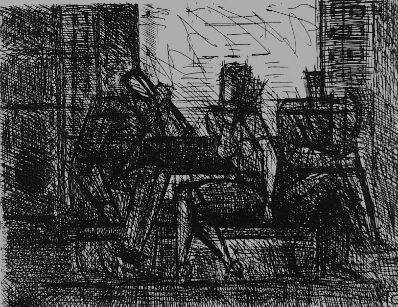 Engraving Gromaire - Trois personnages sur un banc