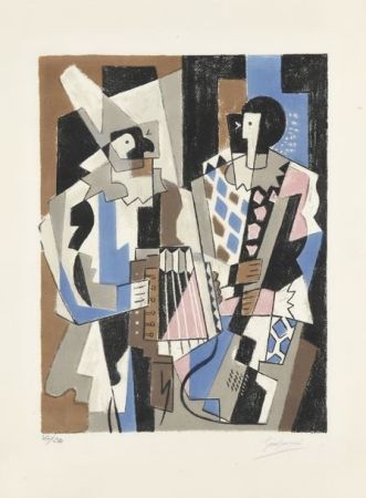 Lithograph Severini - Two Harlequins, 1954.