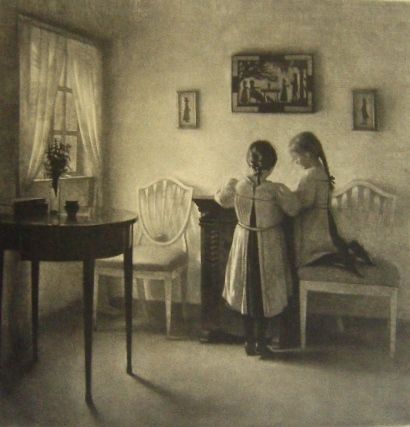 Mezzotint Ilsted - Two little girls playing.