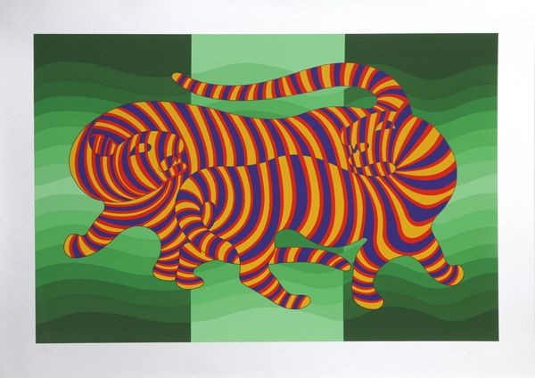 Screenprint Vasarely - Two Tigers on Green