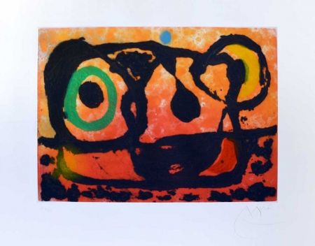 Etching Miró - Tête au soleil couchant