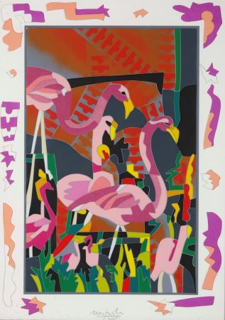Etching Nespolo - Ugo Nespolo (1941) - Fenicotteri rosa - screen printing on paper