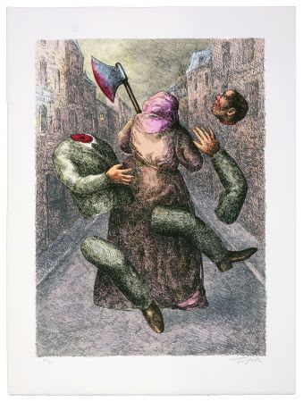 Lithograph Topor - Une jeune femme nocturne a asséné un coup de hache à A.Renaudy, dans un cabaret du boulevard Rochechouart, puis est partie