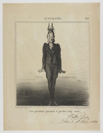 Lithograph Daumier - Une position génante à garder cinq mois 