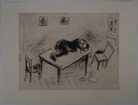 Etching Chagall - Une sieste spartiate, (Tchitchikov couchait au bureau)