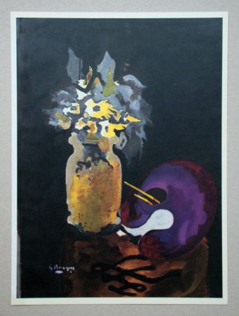 Lithograph Braque (After) - Vase de fleurs jaune et palette
