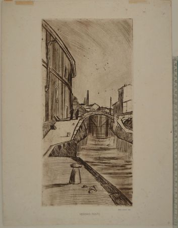 Engraving Erba - VECCHIO PONTE (A view of the Naviglio in Milan)