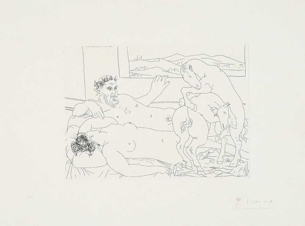 Engraving Picasso - ‚Vieux sculpteur avec femme, cheval luttant‘ La Suite Vollard