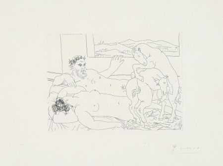 Engraving Picasso - ‚Vieux sculpteur avec femme, cheval luttant‘ La Suite Vollard