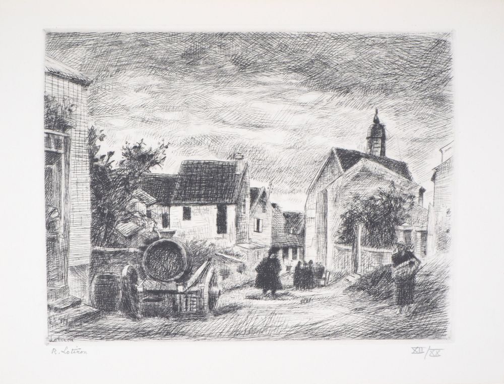 Etching Lotiron - Village et petite chapelle