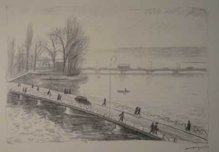Engraving Marquet - Vue de deux Ponts (L'île Rousseau, Genève).