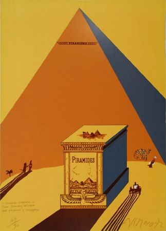 Lithograph Arroyo - W. Churchill, Napoleone e Saul Steinberg all 'ombra delle Piramidi a Mezzogiorno