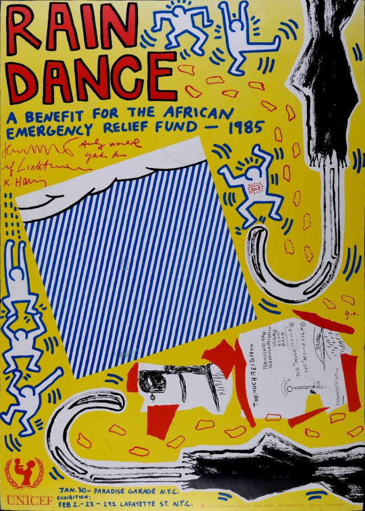 Lithograph Haring - (with Andy Warhol, Jean Michel Basquiat, Roy Lichtenstein & Yoko Ono) - Rain Dance, 1985