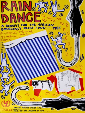 Lithograph Haring - (with Andy Warhol, Jean Michel Basquiat, Roy Lichtenstein & Yoko Ono) - Rain Dance, 1985 - Rare first printing!