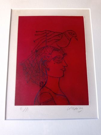 Etching And Aquatint Corneille - Woman with Bird, Hand-signed Etching in color