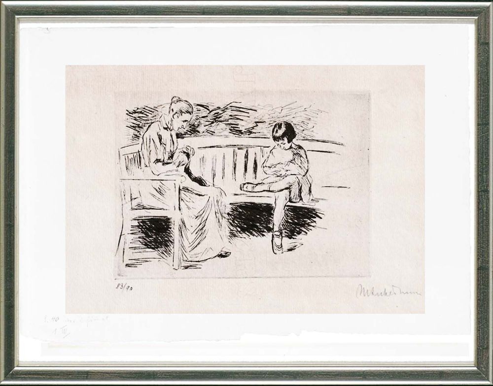 Engraving Liebermann - Wärterin mit Kind auf einer Gartenbank