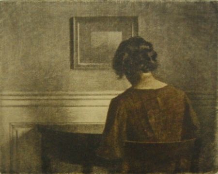 Mezzotint Ilsted - Young  girl by a semi-circular table