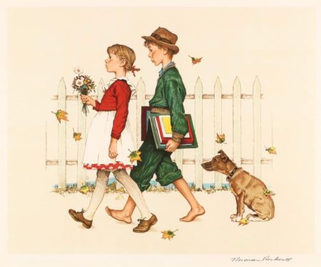Lithograph Rockwell  - Young Love: Walking to School