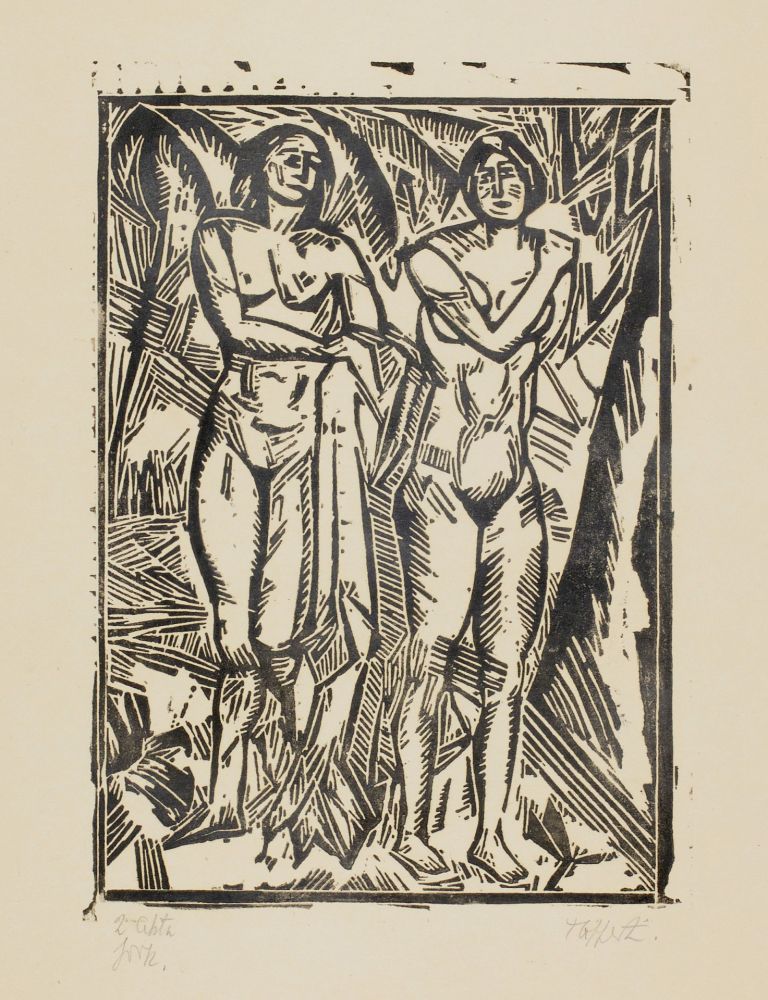 Woodcut Tappert - Zwei stehende weibliche Akte mit Tuch (Two standing female nudes with cloth)