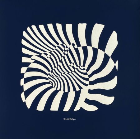 Screenprint Vasarely - Zèbres sur fond bleu